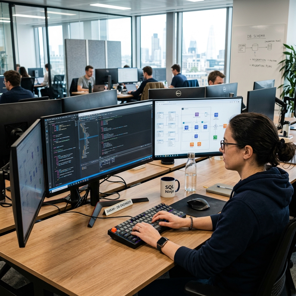 DBA monitoring station with multiple screens